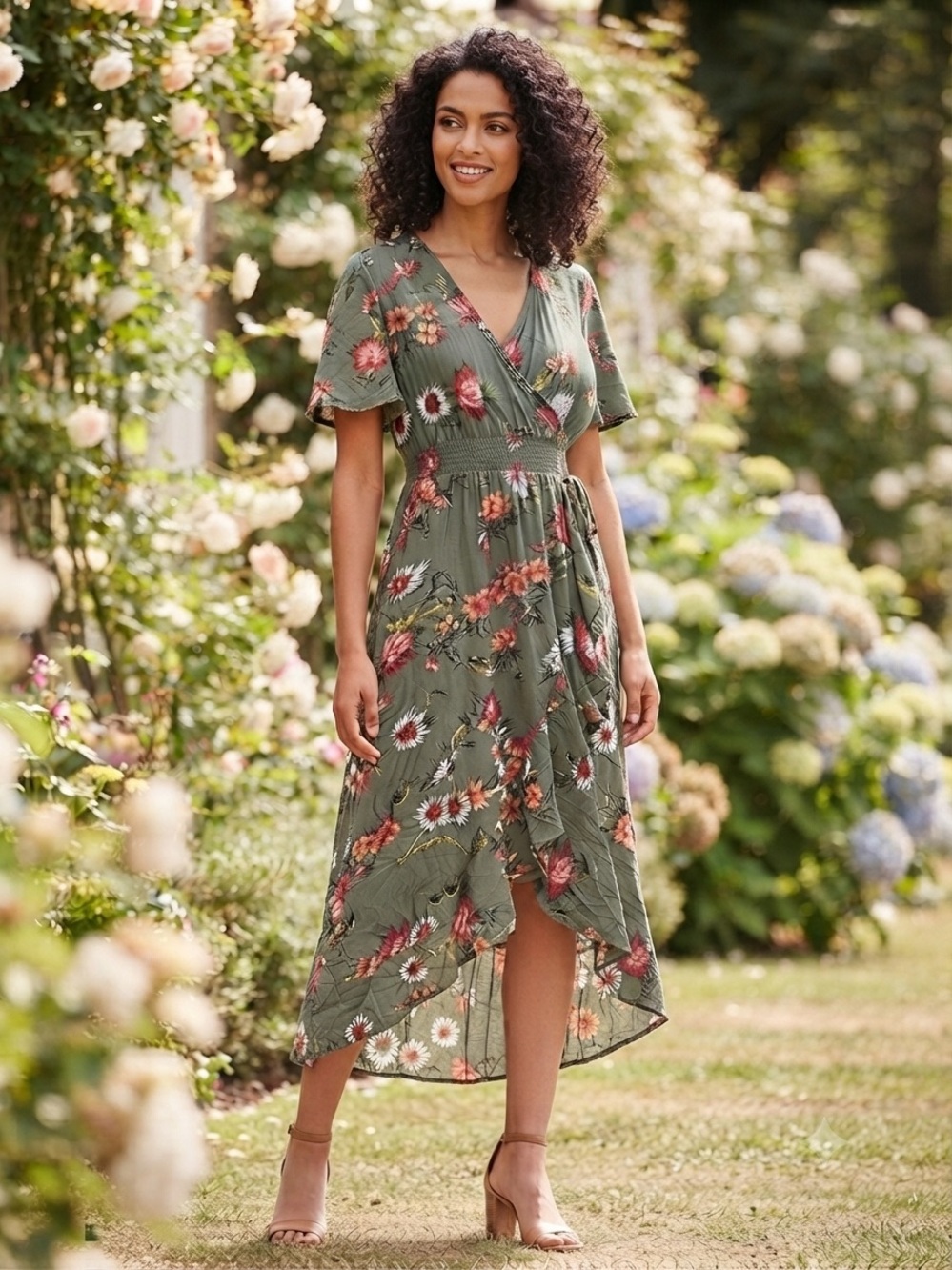 Floral Wrap Midi Dress in Olive Green